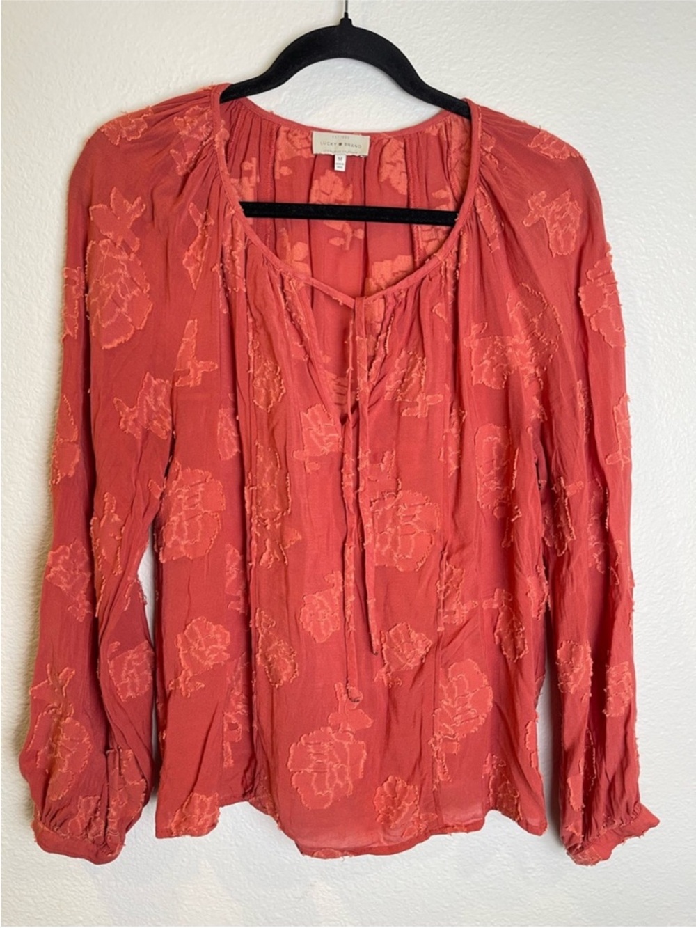 Lucky Brand Coral Red Floral Tie-Neck Peasant Blouse